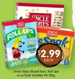 Spudshed Uncle tobys muesli bars, roll ups or le snak varieties offer