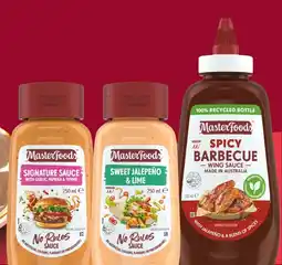 IGA MasterFoods Spicy Barbecue Wing Sauce 500mL, No Rules Signature or Sweet Jalepeno & Lime Sauce 250mL offer