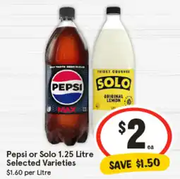 IGA Pepsi or Solo 1.25 Litre Selected Varieties offer