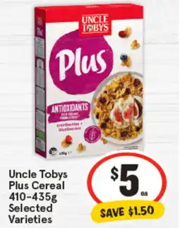 IGA Uncle Tobys Plus Cereal Selected Varieties offer