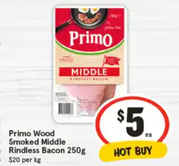 IGA Primo Wood Smoked Middle Rindless Bacon offer
