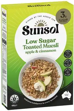 Coles Sunsol Low Sugar Apple & Cinnamon Toasted Muesli 450g offer