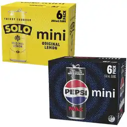 Woolworths Pepsi, Solo, Sunkist or Schweppes Soft Drink Varieties 6 x 250ml offer