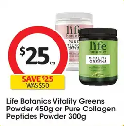 Coles Life botanics vitality greens powder or pure collagen peptides powder offer
