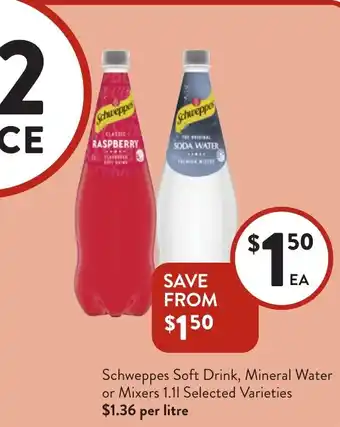 Schweppes Soft Drink, Mineral Water or Mixers Selected Varieties