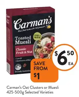 Foodworks Carman's Oat Clusters or Muesli Selected Varieties offer