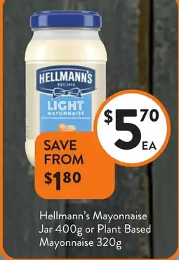 Foodworks Hellmann's Mayonnaise Jar or Plant Based Mayonnaise offer
