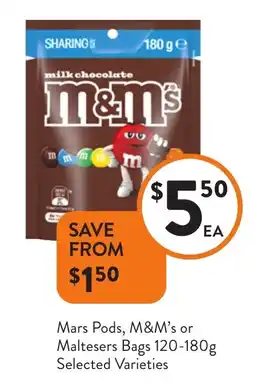 Foodworks Mars Pods, M&M's or Maltesers Bags Selected Varieties offer