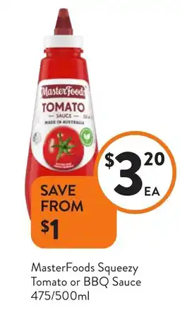 Foodworks MasterFoods Squeezy Tomato or BBQ Sauce offer
