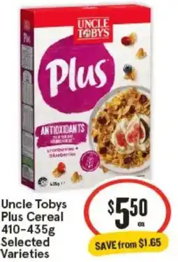IGA Uncle Tobys Plus Cereal Selected Varieties offer