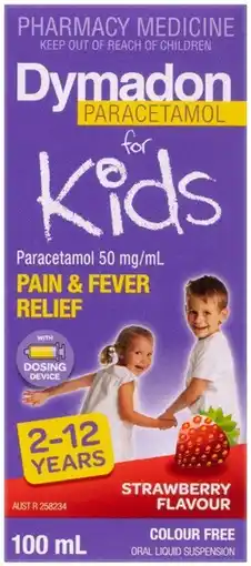 Amcal Pharmacies Dymadon Paracetamol for Kids 2-12 Years Strawberry Flavour 100mL offer