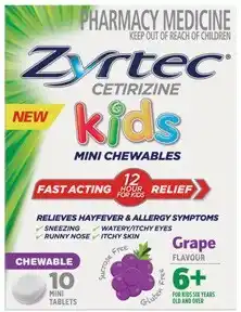 Amcal Pharmacies Zyrtec Kids Allergy & Hayfever Relief Grape Flavour 10 Chewable Tablets offer