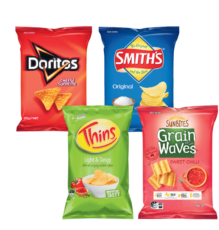 Doritos corn chips 150g-170g, grain waves 170g, smith’s crinkle cut ...