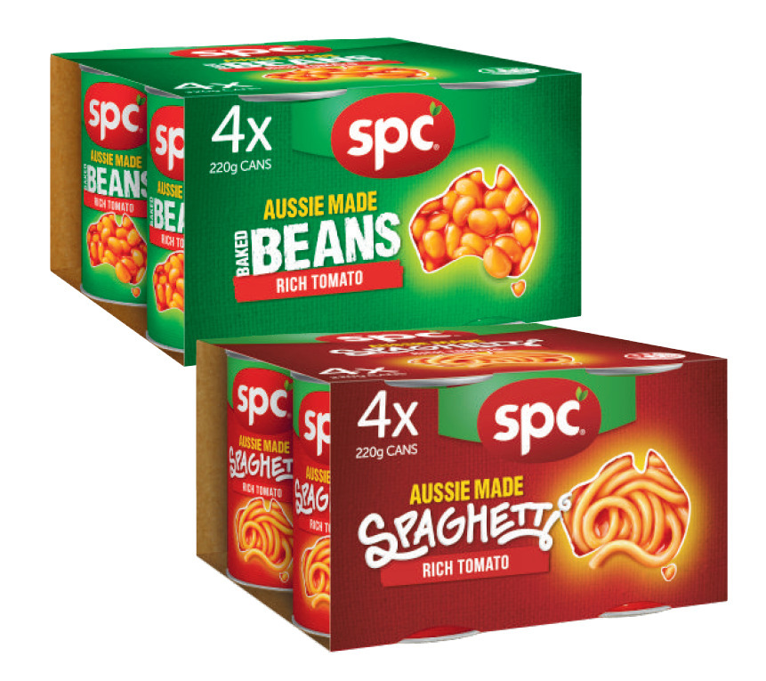 Spc baked beans or spaghetti 4 pack offer at Coles