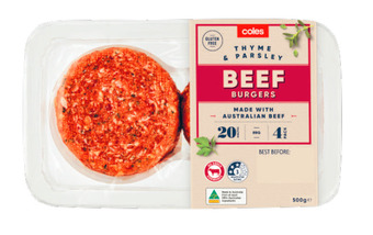 Coles Coles beef, thyme & parsley burgers 500g offer