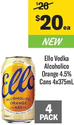 Coles Ello Vodka Alcoholico Orange 4.5% Cans offer