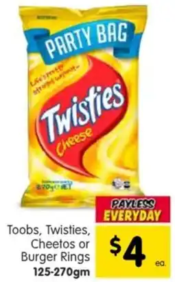 Spar Toobs, twisties, cheetos or burger rings offer