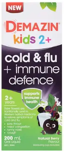 healthylife Demazin Kids 2+ Cold & Flu + Immune Defence Syrup Berry 200ml offer