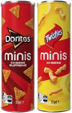 IGA Twisties Minis Cheese Canister 115g or Doritos Minis Cheese Supreme 120g offer
