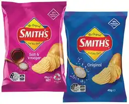 IGA Smith’s Crinkle Cut Chips or Doritos Cheese Supreme Corn Chips 45g Selected Varieties offer