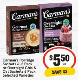 IGA Carman’s Porridge Sachets or Overnight Chia & Oat Sachets Selected Varieties offer