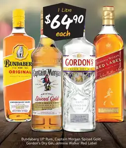 Cellarbrations Bundaberg UP Rum, Captain Morgan Spiced Gold, Gordon's Dry Gin, Johnnie Walker Red Label offer