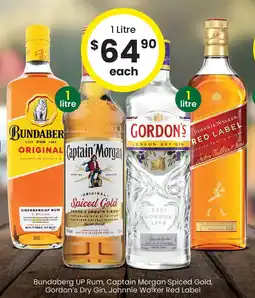 The Bottle O Bundaberg UP Rum, Captain Morgan Spiced Gold, Gordon's Dry Gin, Johnnie Walker Red Label offer