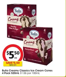 Coles Bulla creamy classics ice cream cones 4 pack offer