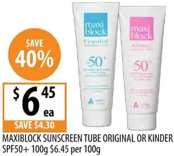 Supabarn Maxiblock sunscreen tube original or kinder spf50+ offer