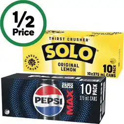 Woolworths Pepsi, Solo, Mountain Dew or Schweppes Lemonade Soft Drink Varieties 10 x 375ml offer