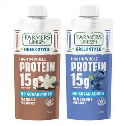 Woolworths Farmers Union Greek Style High Protein Yogurt Pouch 150g offer