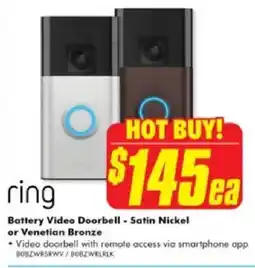 The Good Guys Ring Battery Video Doorbell - Satin Nickel or Venetian Bronze offer