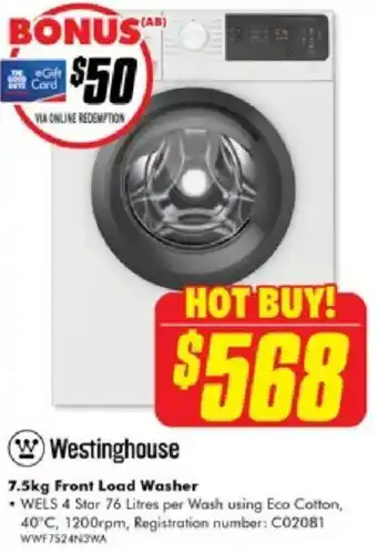 The Good Guys Westinghouse 7.5kg Front Load Washer offer