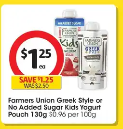 Coles Farmers Union Greek Style or No Added Sugar Kids Yogurt Pouch offer