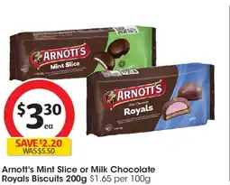 Coles Arnott's Mint Slice or Milk Chocolate Royals Biscuits offer