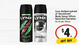 IGA Lynx antiperspirant or deodorant body spray offer