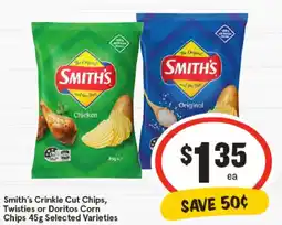 IGA Smith's crinkle cut chips, twisties or doritos corn chips offer