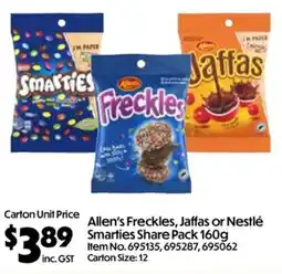 C-Store Distribution Allen's Freckles, Jaffas or Nestlé Smarties Share Pack offer