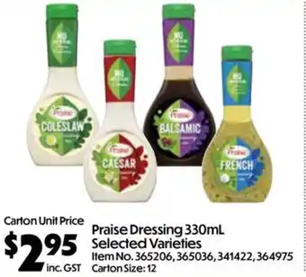 C-Store Distribution Praise Dressing Selected Varieties offer
