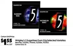 C-Store Distribution Wrigley's 5 Sugarfree Gum Selected Varieties offer