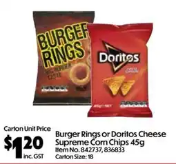C-Store Distribution Burger Rings or Doritos Cheese Supreme Corn Chips offer