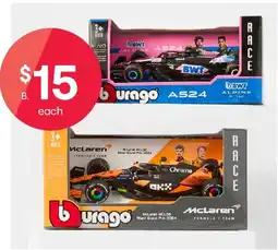 Kmart Bburago 1/43 scale race formula vehicles offer