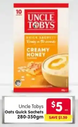 Spar Uncle Tobys Oats Quick Sachets offer