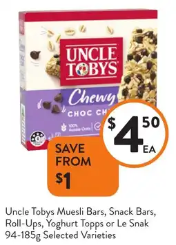 Foodworks Uncle Tobys Muesli Bars, Snack Bars, Roll-Ups, Yoghurt Topps or Le Snak Selected Varieties offer
