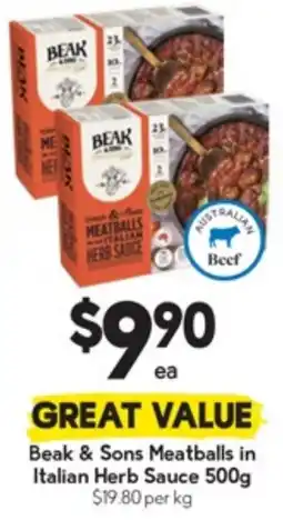 Drakes Beak & Sons Meatballs in Italian Herb Sauce offer