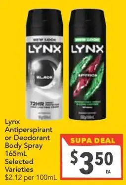 Supa Valu Lynx Antiperspirant or Deodorant Body Spray Selected Varieties offer