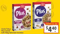 Supa Valu Uncle Tobys Plus Cereal Selected Varieties offer