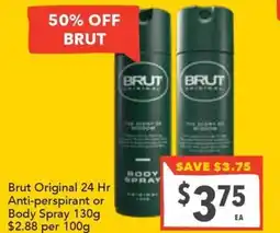 Supa Valu Brut Original 24 Hr Anti-perspirant or Body Spray offer