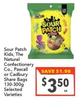 Supa Valu Sour Patch Kids, The Natural Confectionery Co., Pascall or Cadbury Share Bags Selected Varieties offer