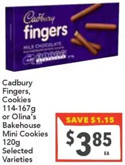 Supa Valu Cadbury Fingers, Cookies or Olina's Bakehouse Mini Cookies Selected Varieties offer